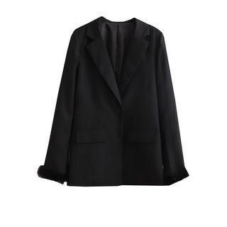 Fluffy Trim Single-button Blazer