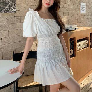 Square-neck Puff Sleeve Ruffle Trim Smocked Mini Dress