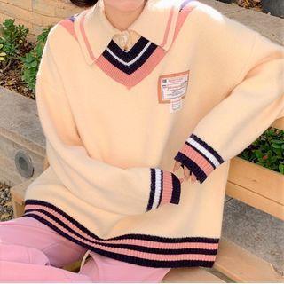 Mock Two-piece Striped Trim Polo Sweater