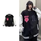 Long Sleeve V-neck Contrast Trim Letter Baseball Jacket