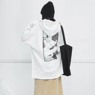 Printed-back Slit-side Hooded Pullover