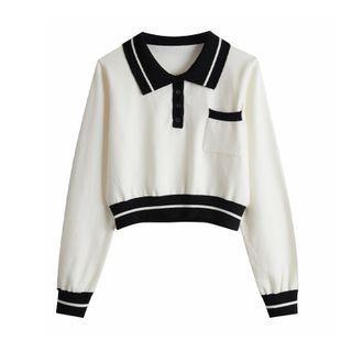 Two Tone Polo Neck Knit Top