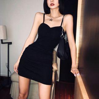 Plain Spaghetti Strap Shirred Mini Sheath Dress
