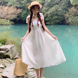Embroidered Smocked High-waist Sleeveless Dress