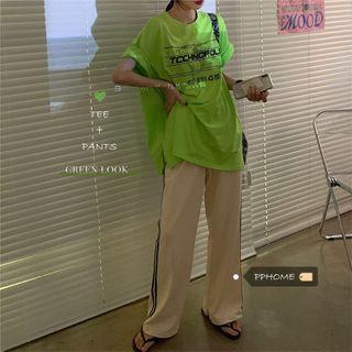 Elbow-sleeve Lettering Print T-shirt / Striped Straight-fit Pants