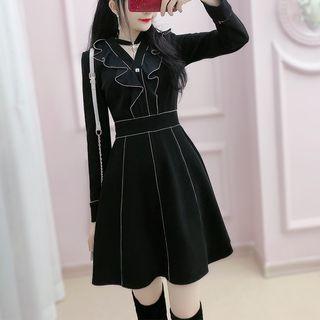 Ruffled Long-sleeve A-line Mini Knit Dress