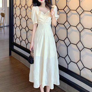 Puff-sleeve Shirred Cutout Midi A-line Dress