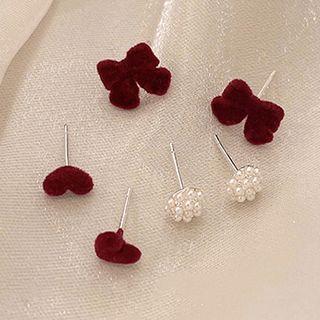 Velvet Ear Stud Set Set Of 3 Pair - Red & Pearl White - One Size
