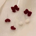 Velvet Ear Stud Set Set Of 3 Pair - Red & Pearl White - One Size