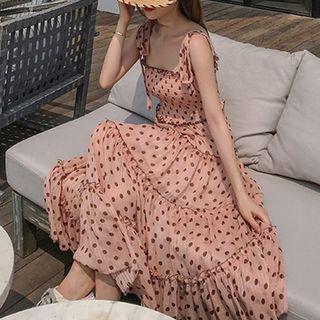 Drawstring Polka Dot Layer Pleated Dress