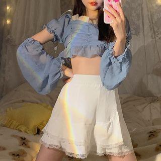 Cropped Cutout Top / Lace Trim Mini Skirt