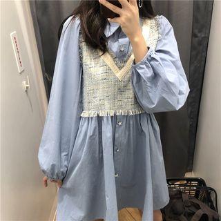 Long-sleeve Shirt Dress / Frayed V-neck Vest