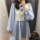 Long-sleeve Shirt Dress / Frayed V-neck Vest