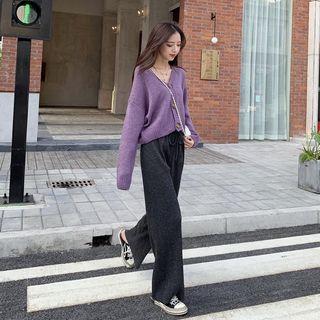 Plain V-neck Cardigan / Drawstring Knit Wide-leg Pants / Set