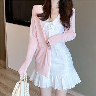 Spaghetti Strap Ruffled Mini Sheath Dress / Plain Cardigan