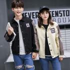 Couple Matching Applique Striped Trim Collared Baseball Jacket