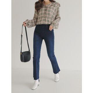 Ruffled Sailor-collar Plaid Blouse
