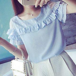Chiffon Ruffled Short-sleeve Crewneck Blouse
