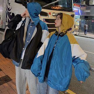 Couple Matching Colored Panel Hooded Zip Jacket
