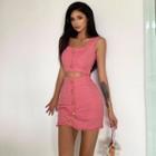 Square-neck Button-up Tank Top / High-waist Mini Skirt
