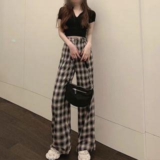 Set: Short-sleeve Top + Plaid Wide Leg Pants
