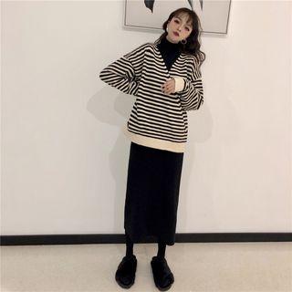 Striped V-neck Sweater / Turtleneck Knit Top / Midi H-line Skirt
