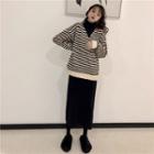 Striped V-neck Sweater / Turtleneck Knit Top / Midi H-line Skirt