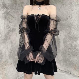 Off-shoulder Mesh Lace-up Mini Dress