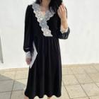 Long-sleeve Lace Panel Velvet Midi A-line Dress Black - One Size