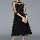3/4-sleeve Mesh Panel Fringed A-line Dress