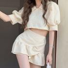 Puff-sleeve Cropped Blouse / Ruffle Hem Mini A-line Skirt