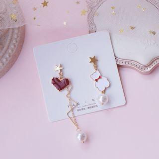 Non-matching Alloy Bear & Heart Faux Pearl Dangle Earring
