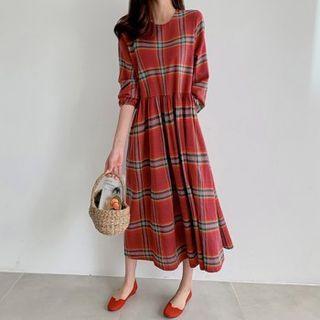 Plaid A-line Dress Red - One Size