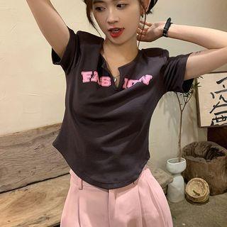 Short-sleeve Lettering Cropped T-shirt / Wide Leg Dress Pants