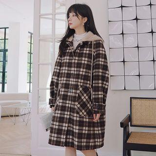 Contrast Hooded Plaid Coat