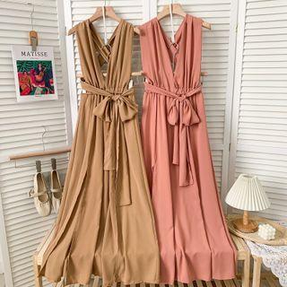 Deep V-neck Slited Halter Midi Dress With Sash