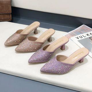 Rhinestone Round Heel Mules