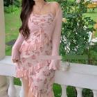 Spaghetti-strap Floral Asymmetrical Sheath Dress / Cropped Cardigan