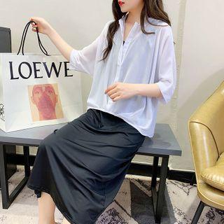 Set: Batwing-sleeve Blouse + Midi A-line Tank Dress