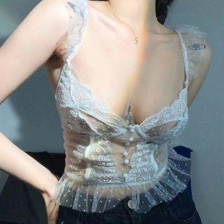 Ruffled Trim Lace Panel Cropped Camisole Top