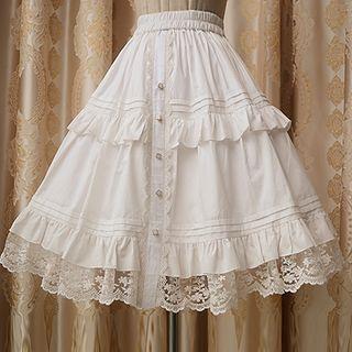 Lace Hem Frill Trim Midi A-line Skirt