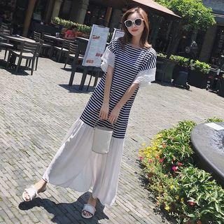 Striped Short-sleeve Maxi A-line Dress