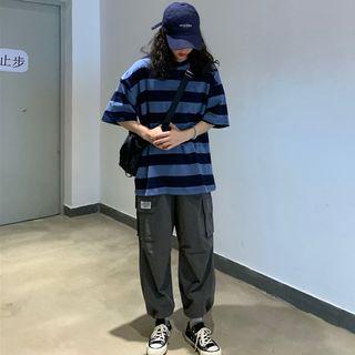 Coupled Matching 3/4-sleeve Striped T-shirt / Cargo Harem Pants