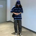 Coupled Matching 3/4-sleeve Striped T-shirt / Cargo Harem Pants