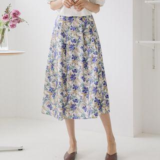 Pleated Long Tropical-floral Skirt