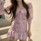 Long-sleeve Floral Chiffon Dress Pink - One Size