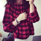 Puff Sleeve Plaid Top Red - One Size