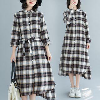 Long-sleeve Plaid Shirt Dress Plaid - Black & White - One Size