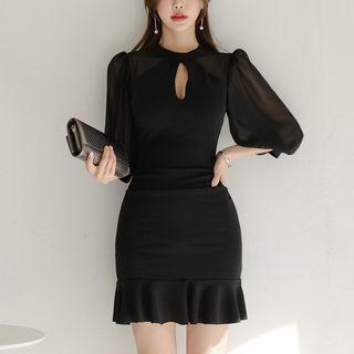 Elbow-sleeve Keyhole Mini Mermaid Dress