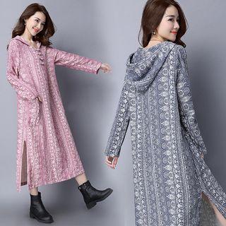 Long-sleeve Slit-side Printed Hooded Dress
